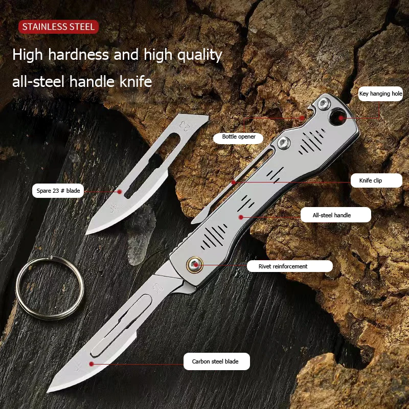 Free Sample Replaceable Utility Blade Folding All Stainless Steel Handle Ultra Sharp Carbon Steel Blades Exchange Pocket Knife