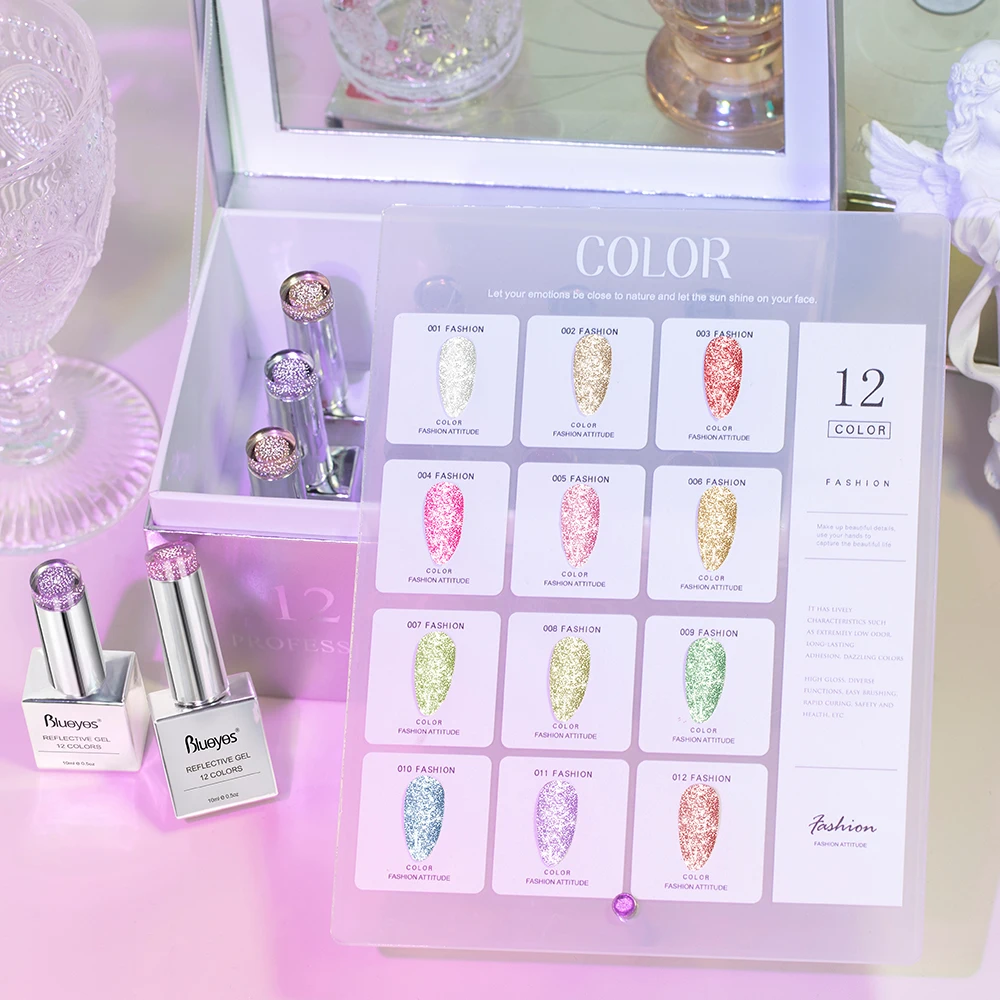 Blueyes Reflective Disco Gel Unique Box Custom Free Color Card 12 Colors Diamond Disco Glitter Gel Nail Polish Collection OEM