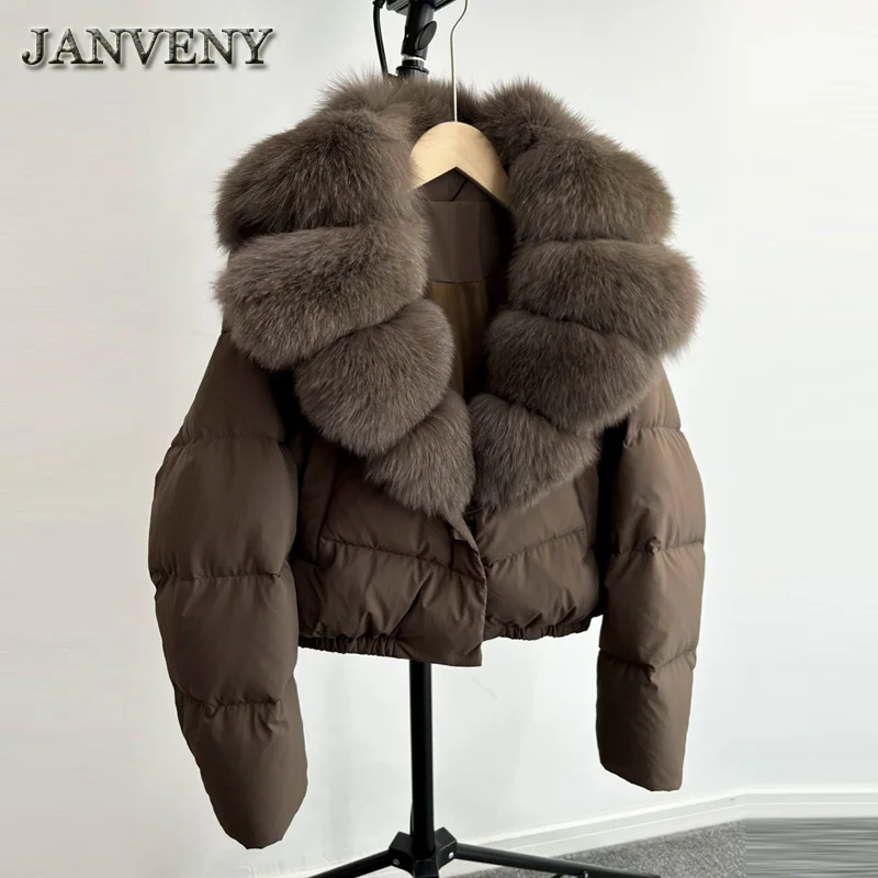 JANVENY 2024 Winter Big Natural Fox Fur Fluffy Puffer Coat Women Warm 90% White Duck Feather Down Short Jacket Waterproof Parka
