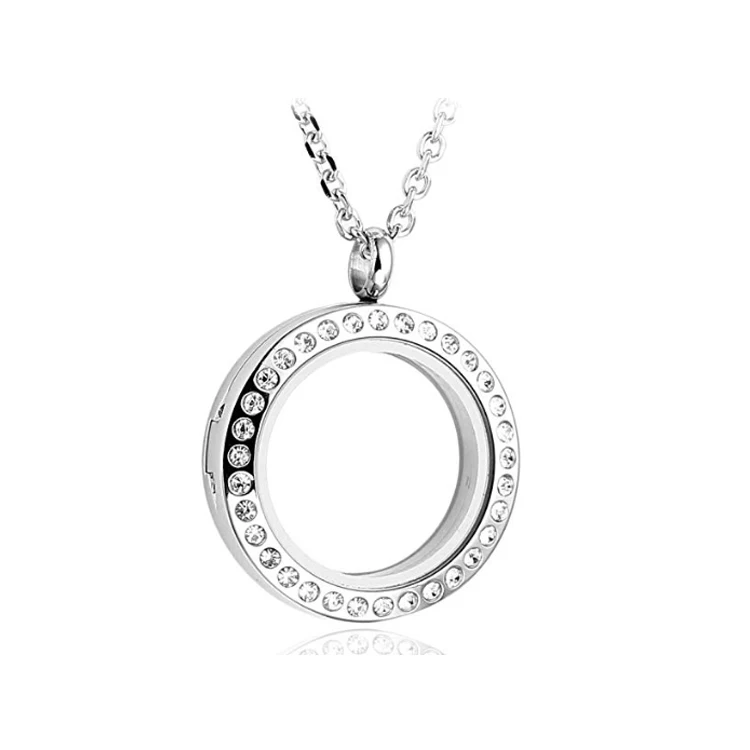 925 Silver Zirconia Round Locket Floating Charm Pendant Necklace Jewelry