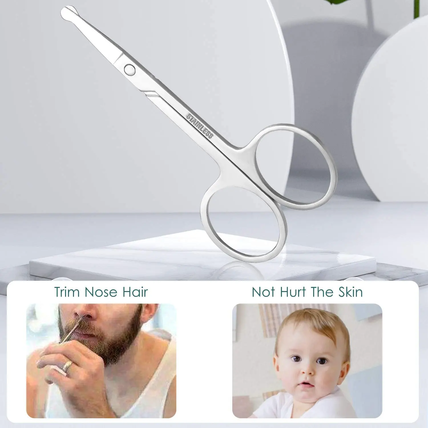 2PCS Stainless Steel Eyebrow Mustache Trimming Curved Scissor Nose Hair Round Scissor for Men