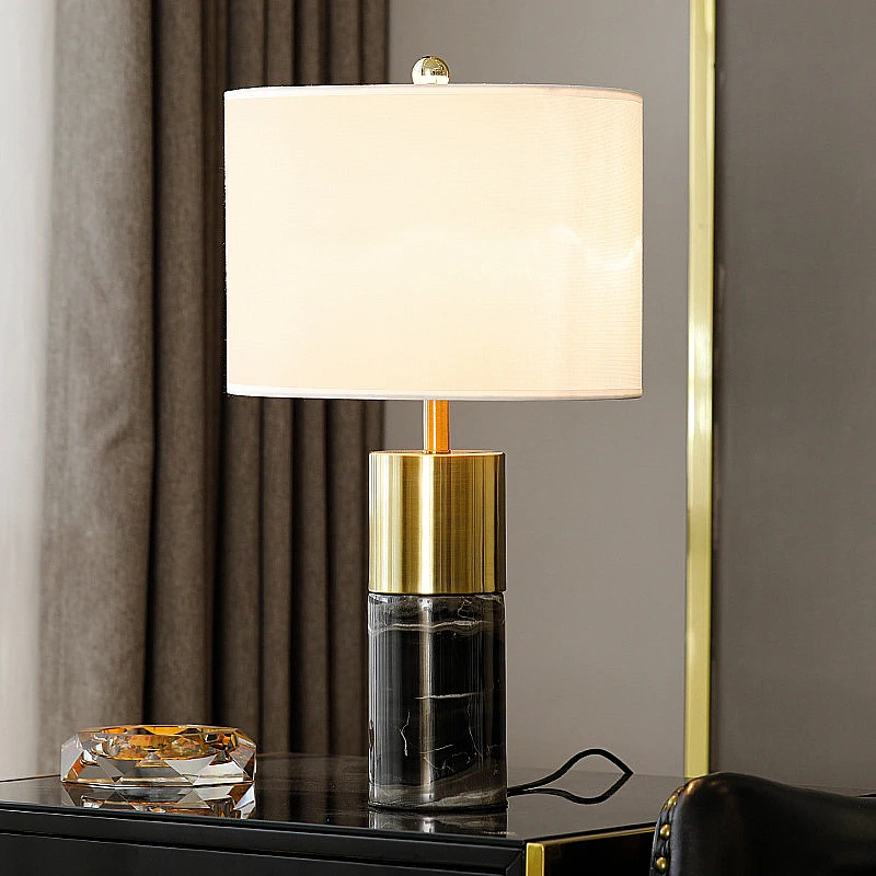 Creative Natural Stone Marble Base Fabric Shade Modern Bedroom  Bedside Desktop Lamp Table Light