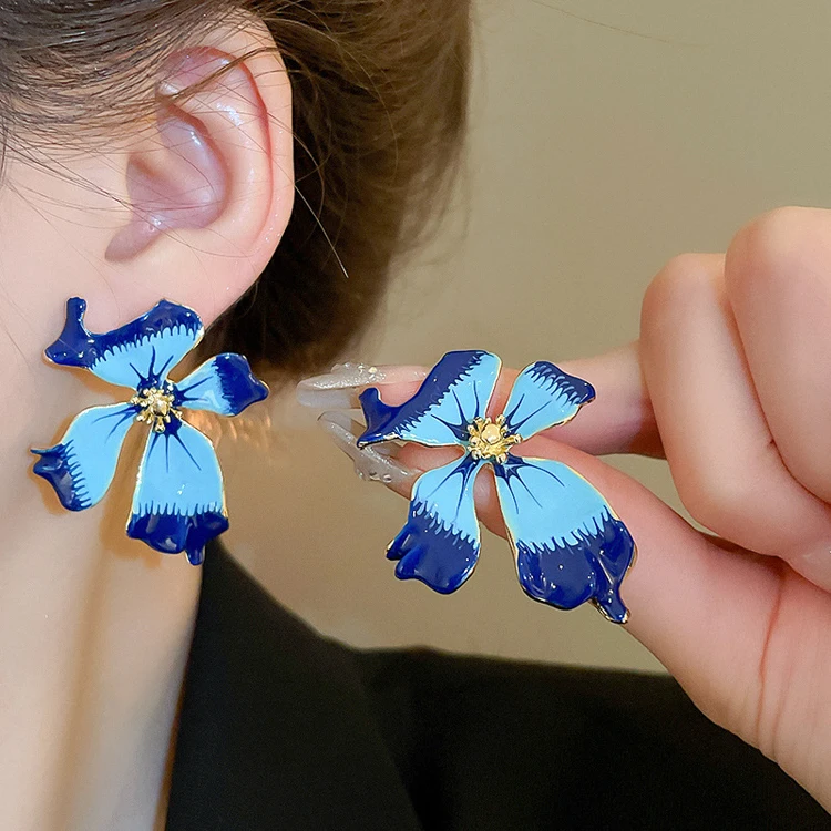 Hong Kong style retro design glazed 925 silver needle earrings blue enamel iris flower earrings for women