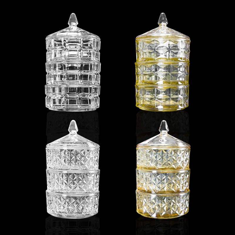 3 Tiers Factory Wholesale Customize Etched Vintage Crystal Glass Jar Candy with Lid