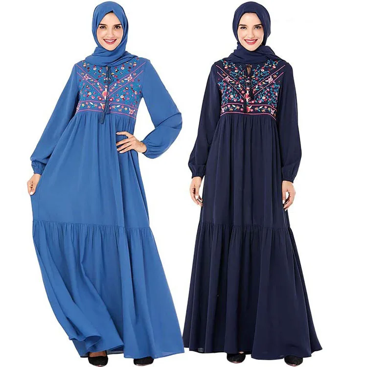 
MXCHAN Middle Eastern Blue embroidery abaya muslim dresses maxi abaya designs dubai 