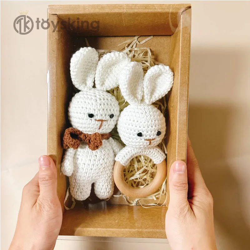 1 Set Baby Rattle Crochet Bunny Teether Rattle Bells Newborn Montessori Educational Wooden Rings Baby Toys