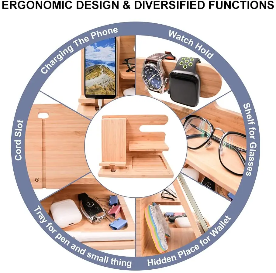 Multifunctional Bamboo Desk Phone Stand Office Desk Organizer Watch Holder