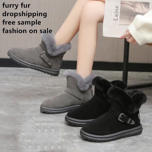 Dropshipping Cheap Free sample Fashion Cheap wholesale leather men women Fluffy fur snow boots with wool lining