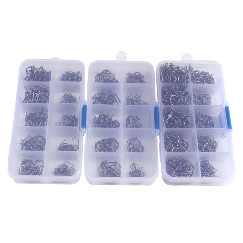 500PCS / 600PCS  Premium Fishhooks 10 Sizes Carbon Steel Fishing Hooks W/Portable Plastic Box, Strong Sharp Fish Hook