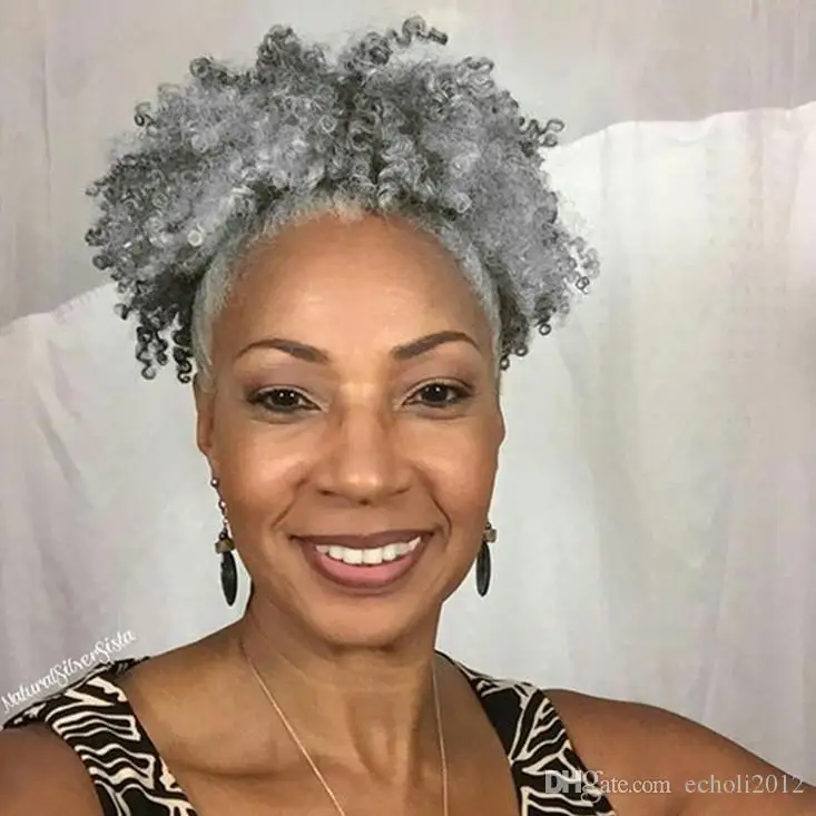 Short kinky Gray Ponytail hair extension  women hair toupee,afro grey wig kinky hair ponytail drawstring hairpiece