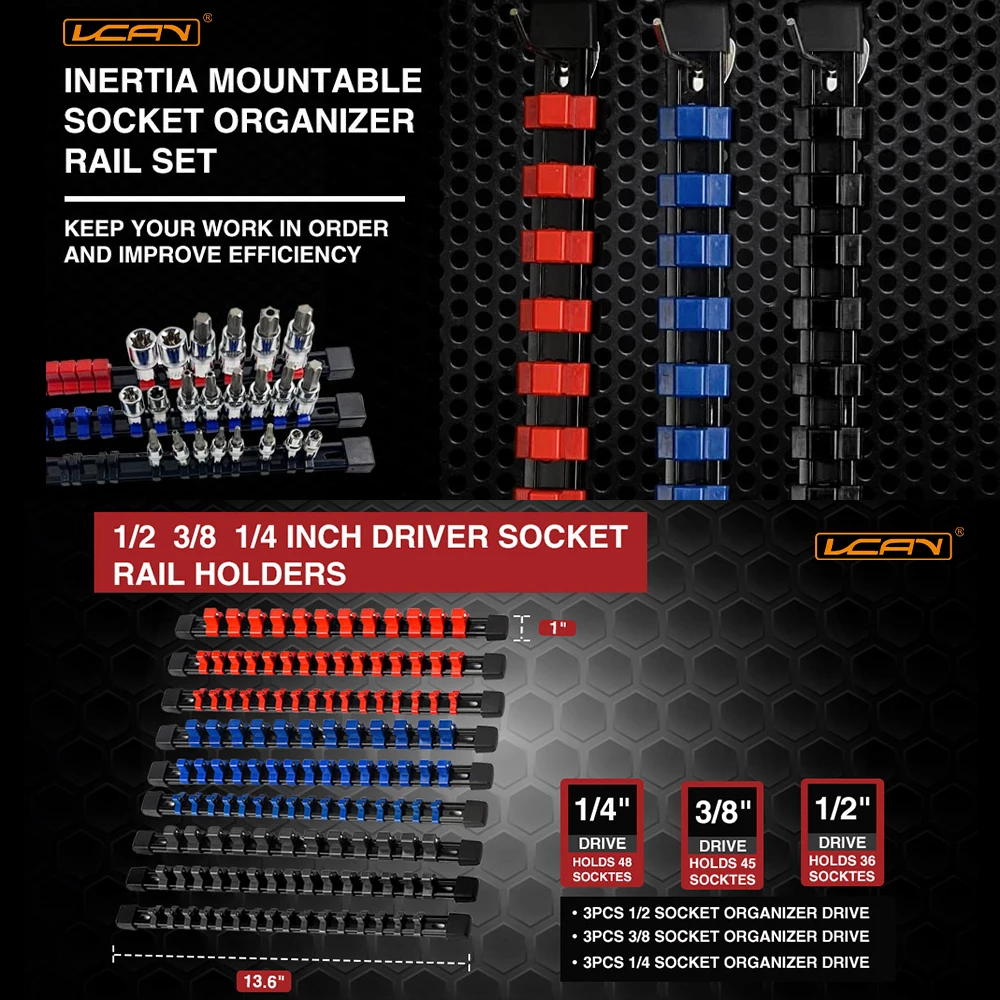 9-Piece Socket Tool Organizer Kit Standard Metric SAE 1/4 3/8 1 2 Inch Deep Size Holders for Socket Clips and Rails