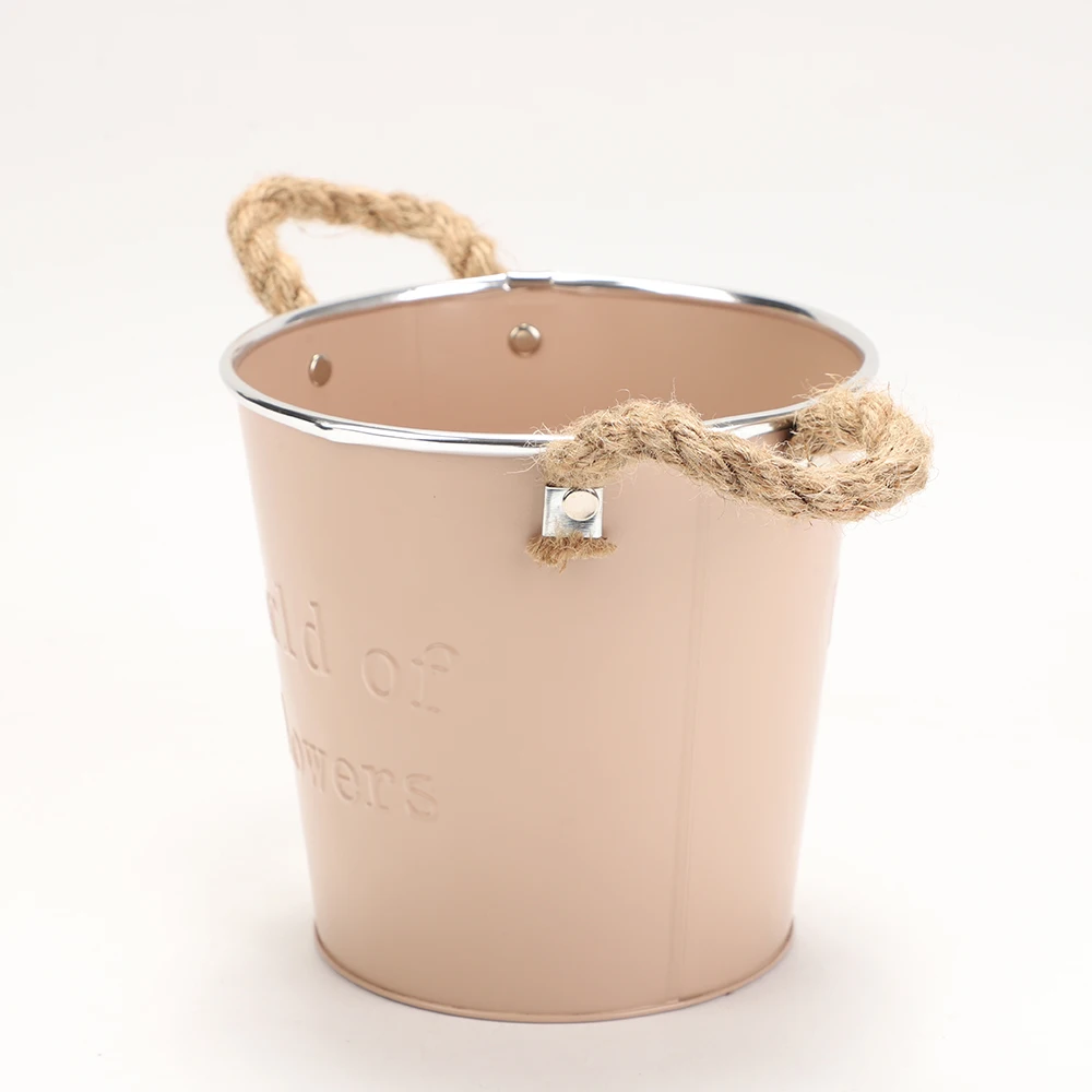 Wholesale small metal bucket garden pot with rope handle for home decoration