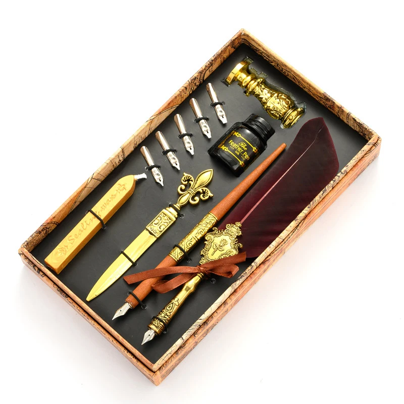 New Product Arrival Calligraphy Pen Vintage Feather Fountain Pen Gift Set with Seal Wax Stamp