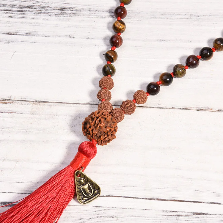 Boho Style Rudraksha Mala Gemstone 7 Chakra Stone Necklace 8Mm108 Mala Beads Necklace Pearl Tassel Necklace