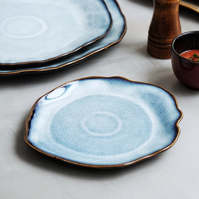 Handmade Rustic Glazed Ceramic Irregular Square Reactive Tableware Dishes Plates Restaurant Porcelain Dinner Food Serving Plates