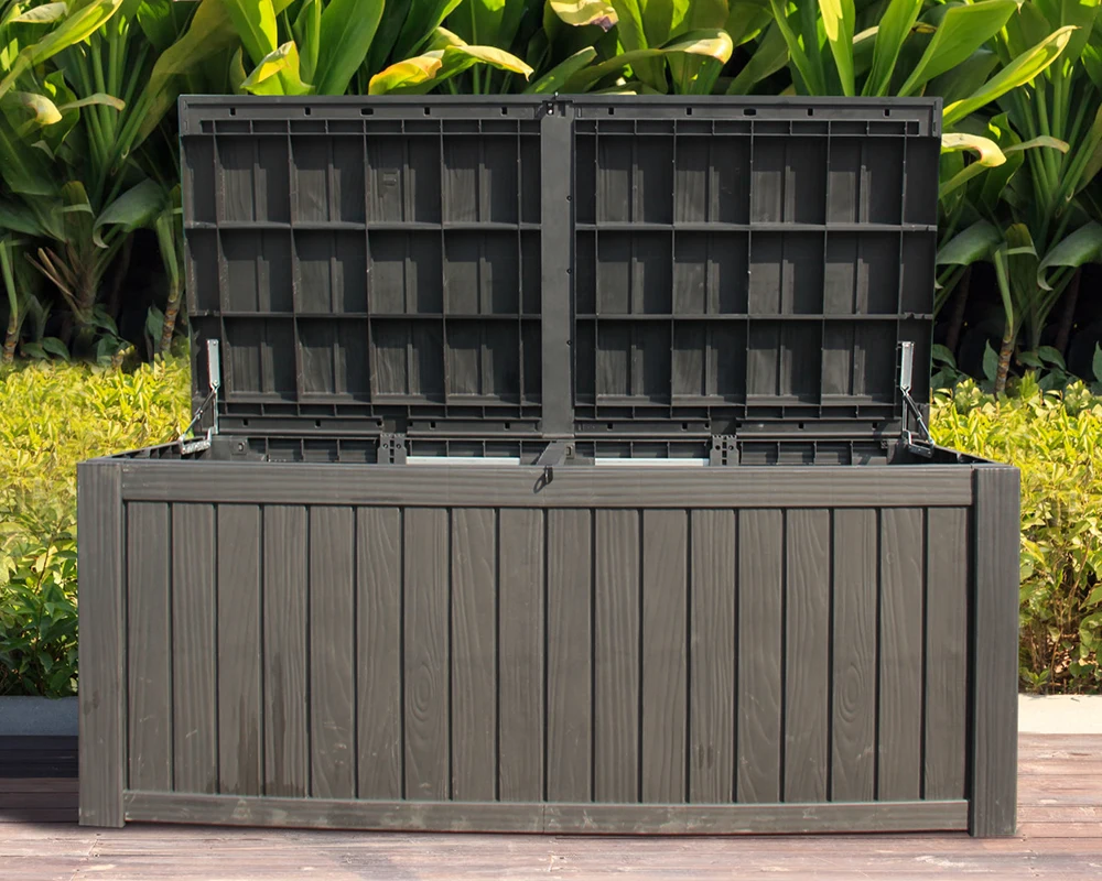 570L/150Gal Outdoor lockable woodgrain effect steel supports storage box with iron rod & two piston hinges