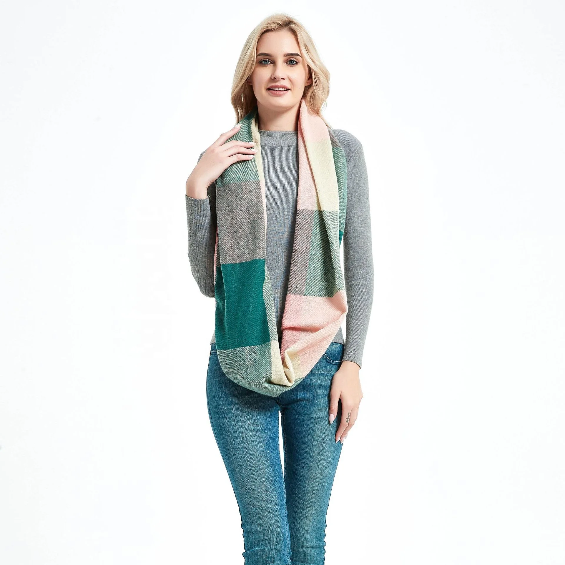 Cashmere Winter Pockets Infinity Scarf Warm Hidden Zipper Storage Plaid Neckerchief Travel Checked Scarves With Pocket