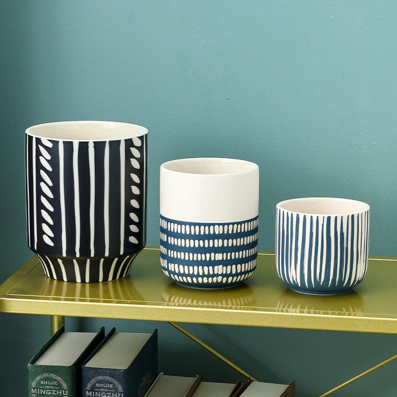 Home decor ceramic porcelain flower vase simple striped decoration vases indoor pots for plants flower