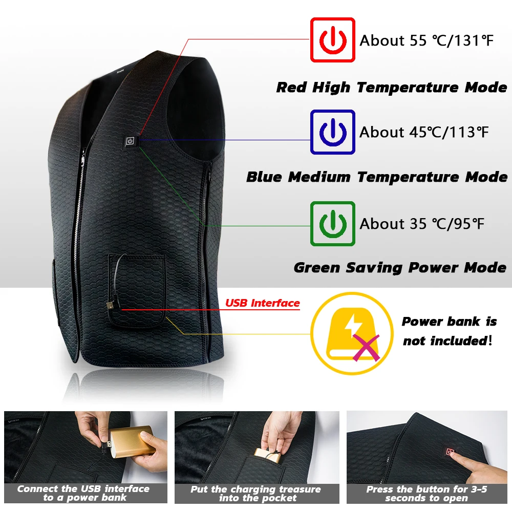 Wholesale 3 Ajustable Temperature Electric Usb Rechargeable Battery Powered Heated Winter Jacket Heated Vest  veste chauffante