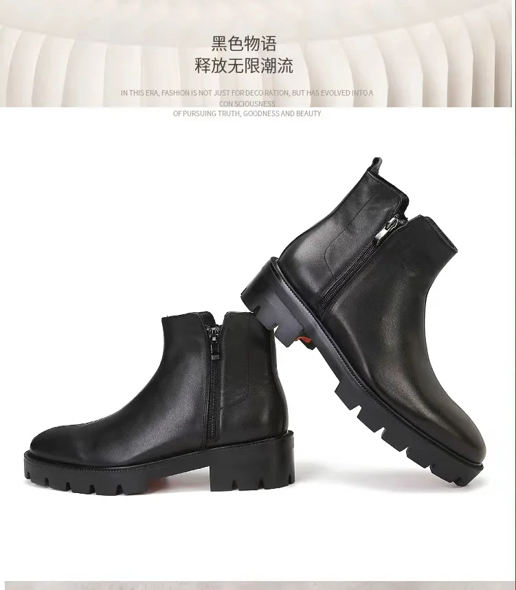 PDEP  hand made luxury black genuine leather men ankle boots with zipper non slip rubber sole red bottom men formal dress shoes