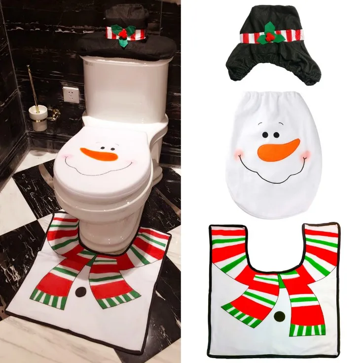 
Snowman Santa Toilet Seat Cover and Rug Set Red Christmas Decorations Bathroom 