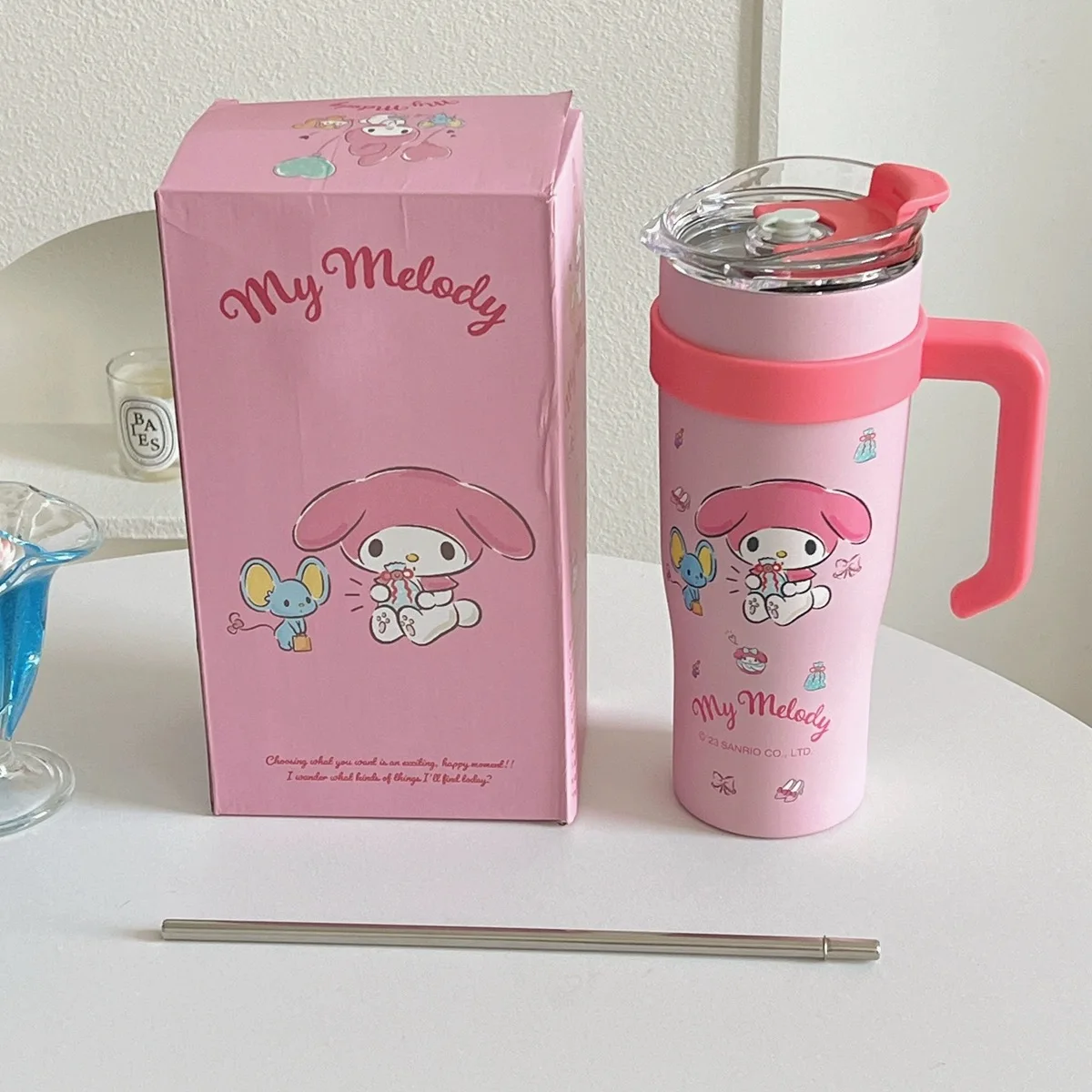 Hejin Hot Selling Sanrio 900ml Kawaii Anime Kuromi Melody Kitty cat Portable Ice and Hot Water Cup with Handle and Straw