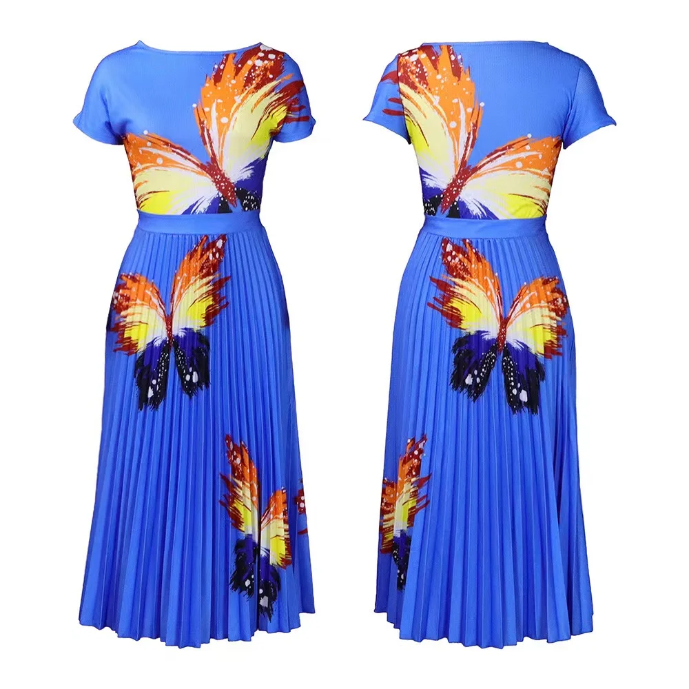 New style fashion short sleeve T-shirt+ruched skirt sexy casual printed 2 pieces sets temperament suits plus size women clothing