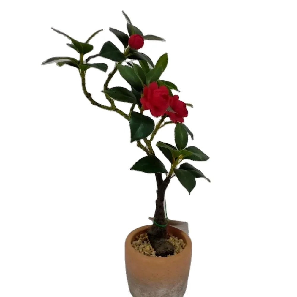 Real like artificial camellia tree for home decoration with red camellia flower and customized pot