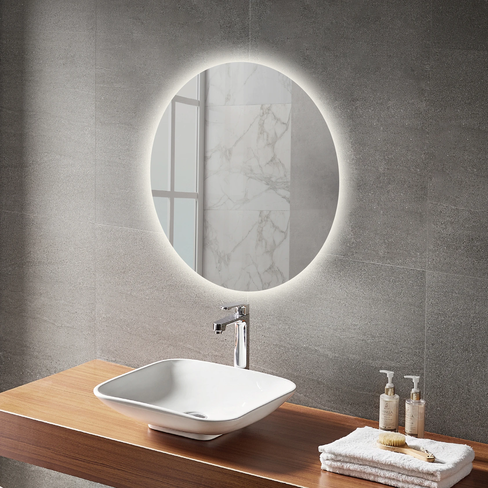 Apartment Wall Mounted Frameless Defogged Dimming Smart Touch Control Round Shape Bathroom led light mirror touch sensor switch