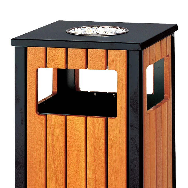 Public place wpc wood trash can round wooden bin with ashtray for park garbage bin
