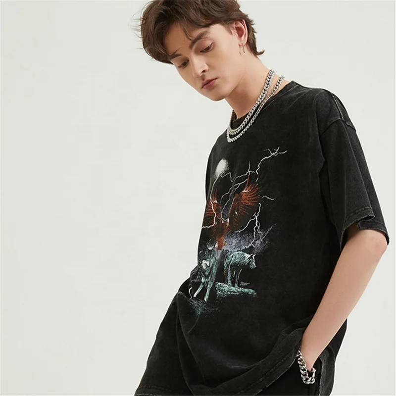 High Street Hip Hop DTG Printing Vintage Crewneck Acid Washed T shirt Men