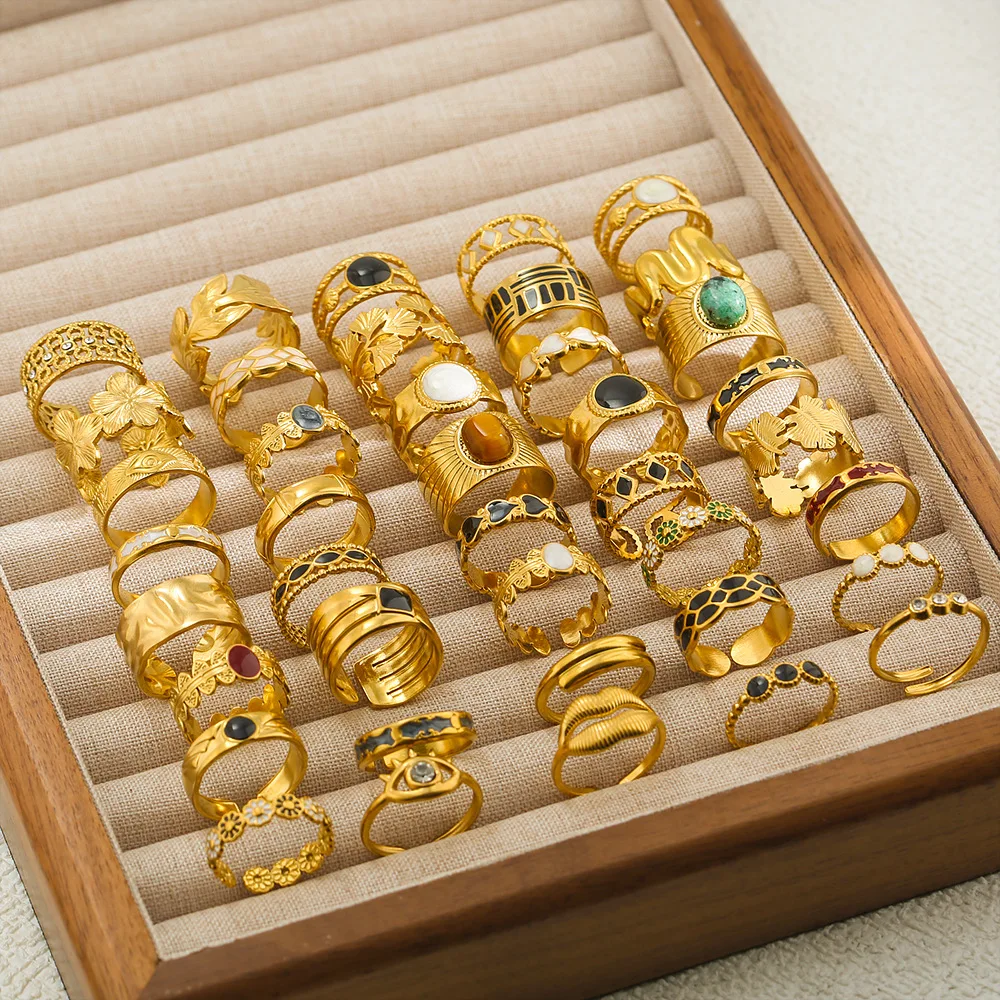 New Retro ring  stainless steel 18K gold  Products Inlaid With NaturalGemstone Natural Stone Adjustable ring for woman