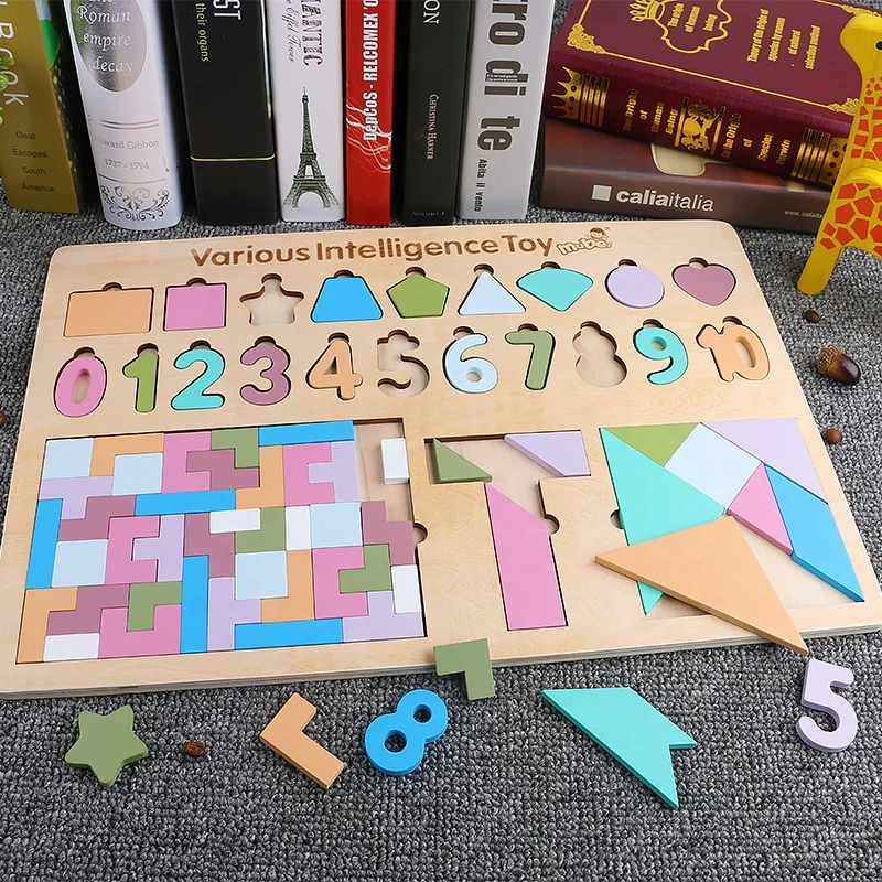 Number Counting Colors Stacking 5-in-1 Puzzle Board Digital Shape Recognition Board Colorful Wooden Tangram Blocks