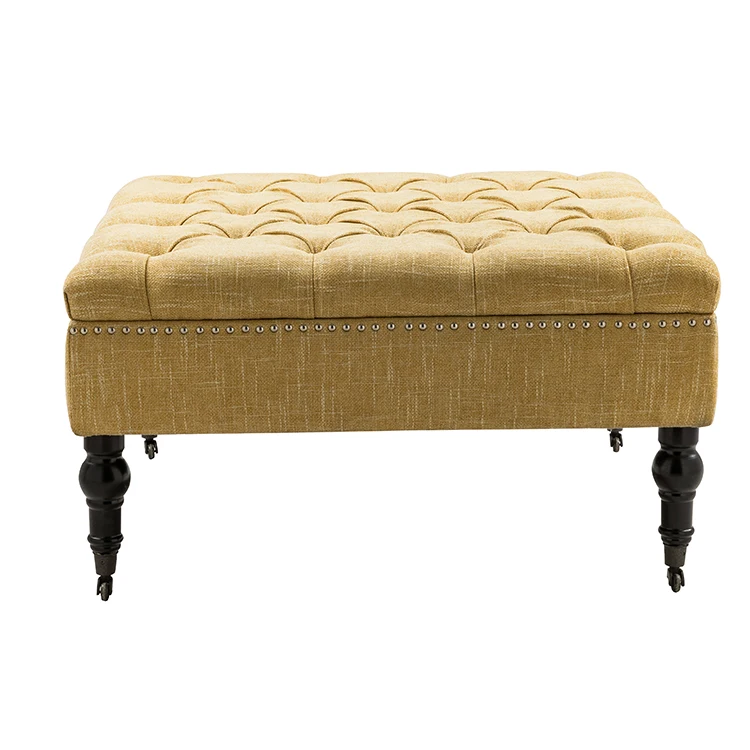 
Rubber Wood Legs Dark Brown Finish Antique Wheels Chair Storage Function Storage Ottoman 