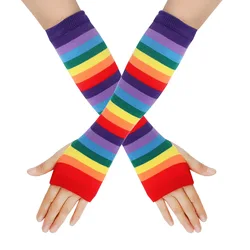rainbow striped long arm warmer fingerless gloves mittens