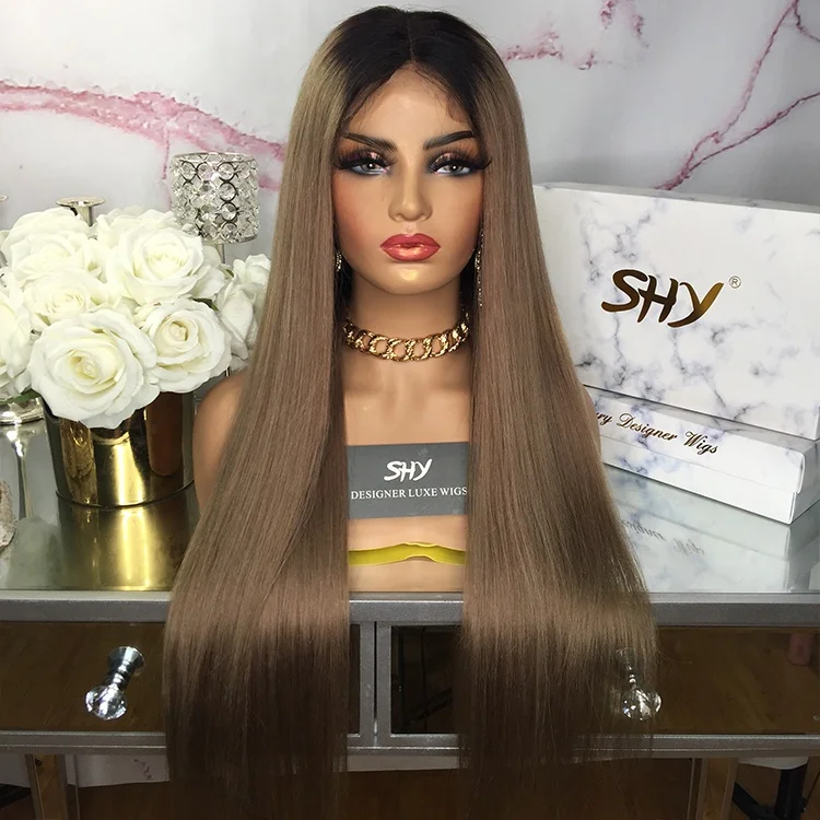 10 А + класс длинные прямые коричневые 2 тона человеческие волосы Shy Полный парик на шнуровке для завода