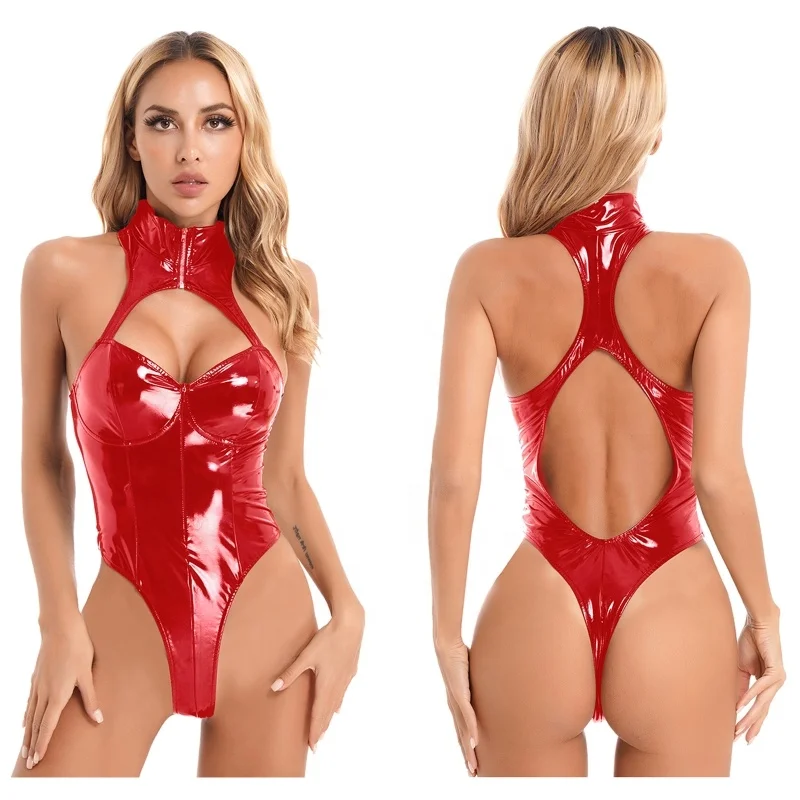 New Arrived  Womens Club Stage Performance Costume Wet Look Patent Leather Sleeveless Bodysuit Zipper Mock Neck Cutout Catsuit
