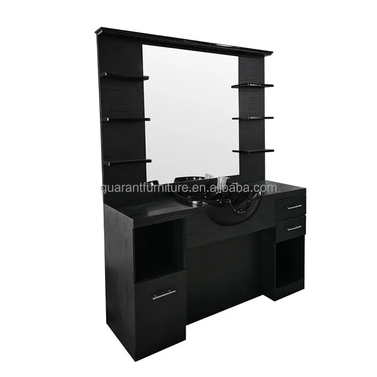 Black plywood barber station mirror barber station with ceramic sink washing barber table