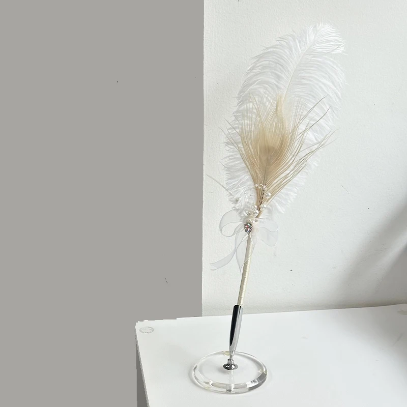 luxury jewel design wedding pen natural peacock ostrich feather quill ball point pen for wedding
