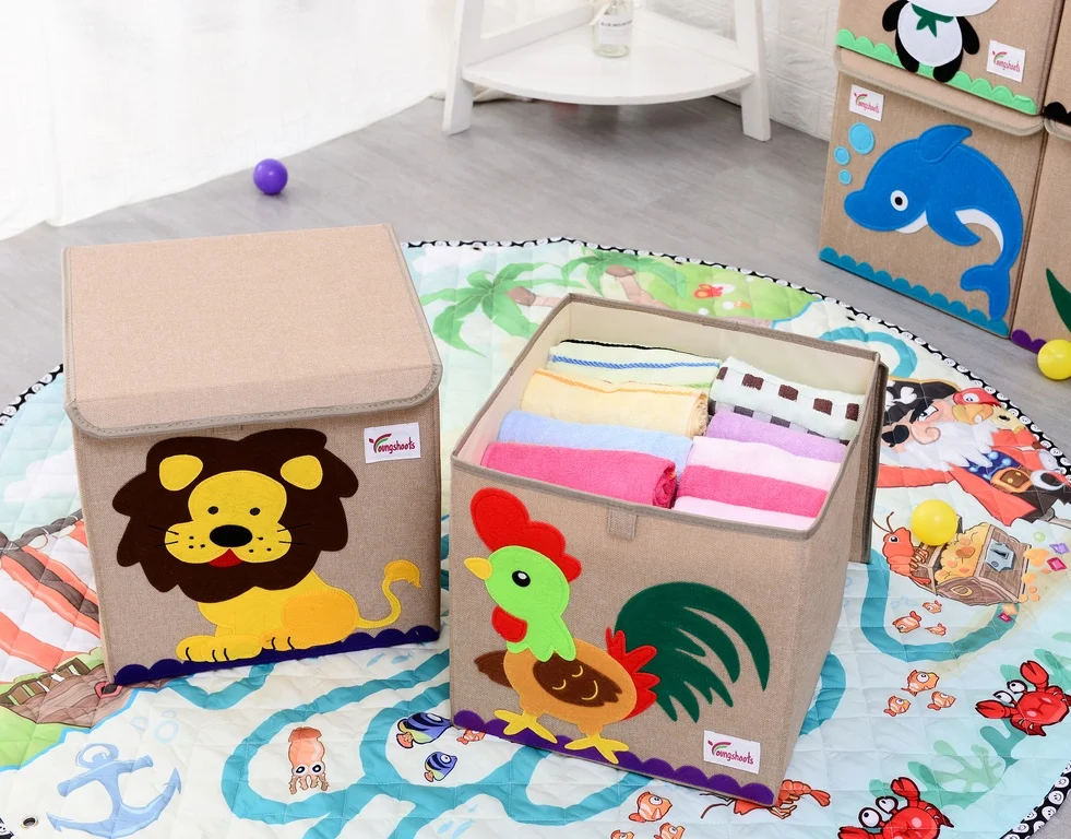 wholesale custom collapsible fabrics baskets animal kids toys container with lid folding cartoon drawer organizer box