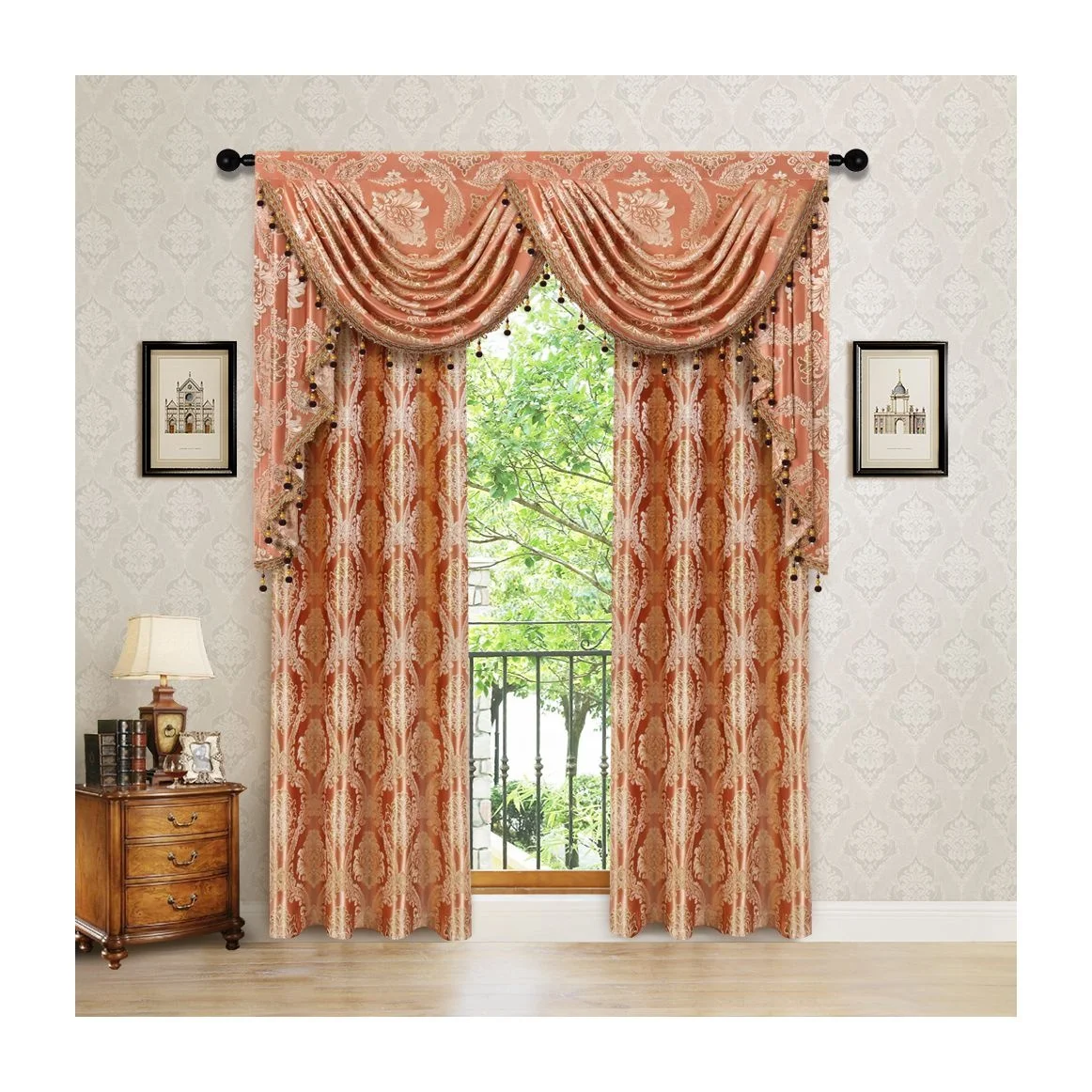 Wholesale Window Jacquard Curtains Fabric Luxury Curtains for the Living Room with Valance Ready Made Valance Curtains Cortinas