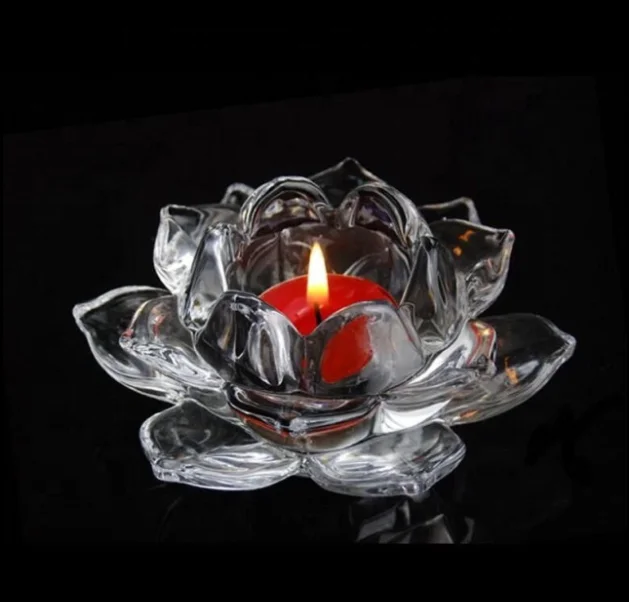 Crystal Butter Lamp Tea Light Candle Holder Clear Lotus Pray Lamp