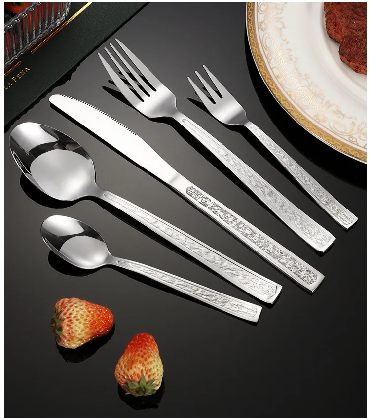 Hammered handle stainless steel silverware metal spoon knife and fork western tableware mirrored cutlery set