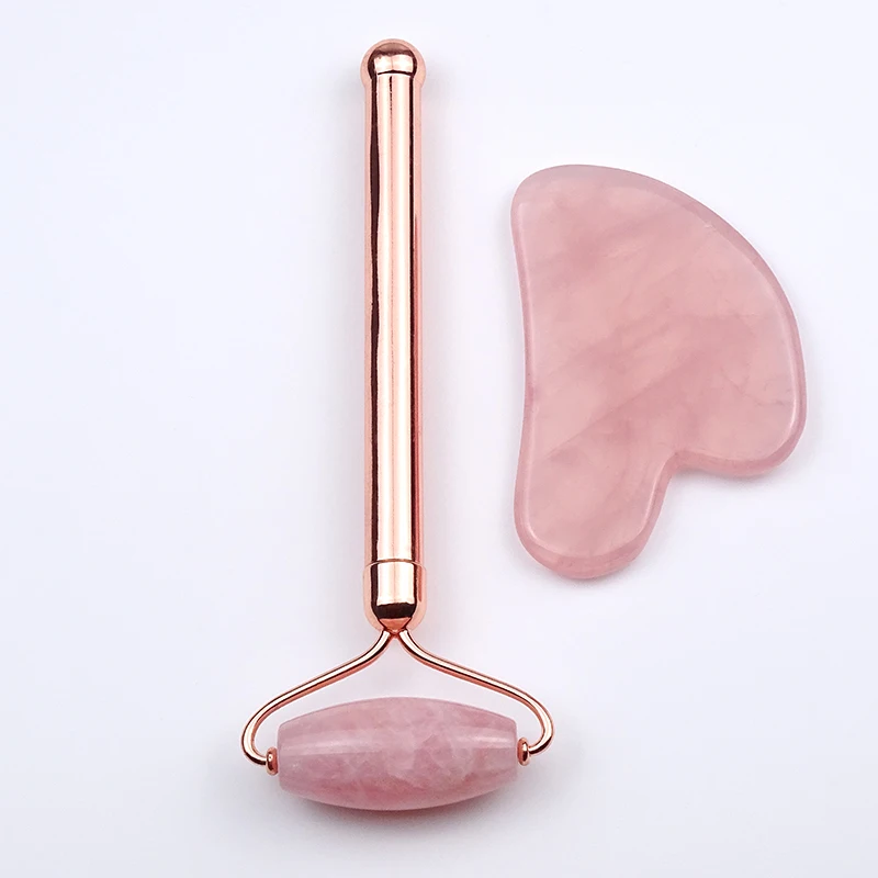 Facial massager roller pink crystal jade roller stone slimming massage tool rose quartz jade roller gua sha set