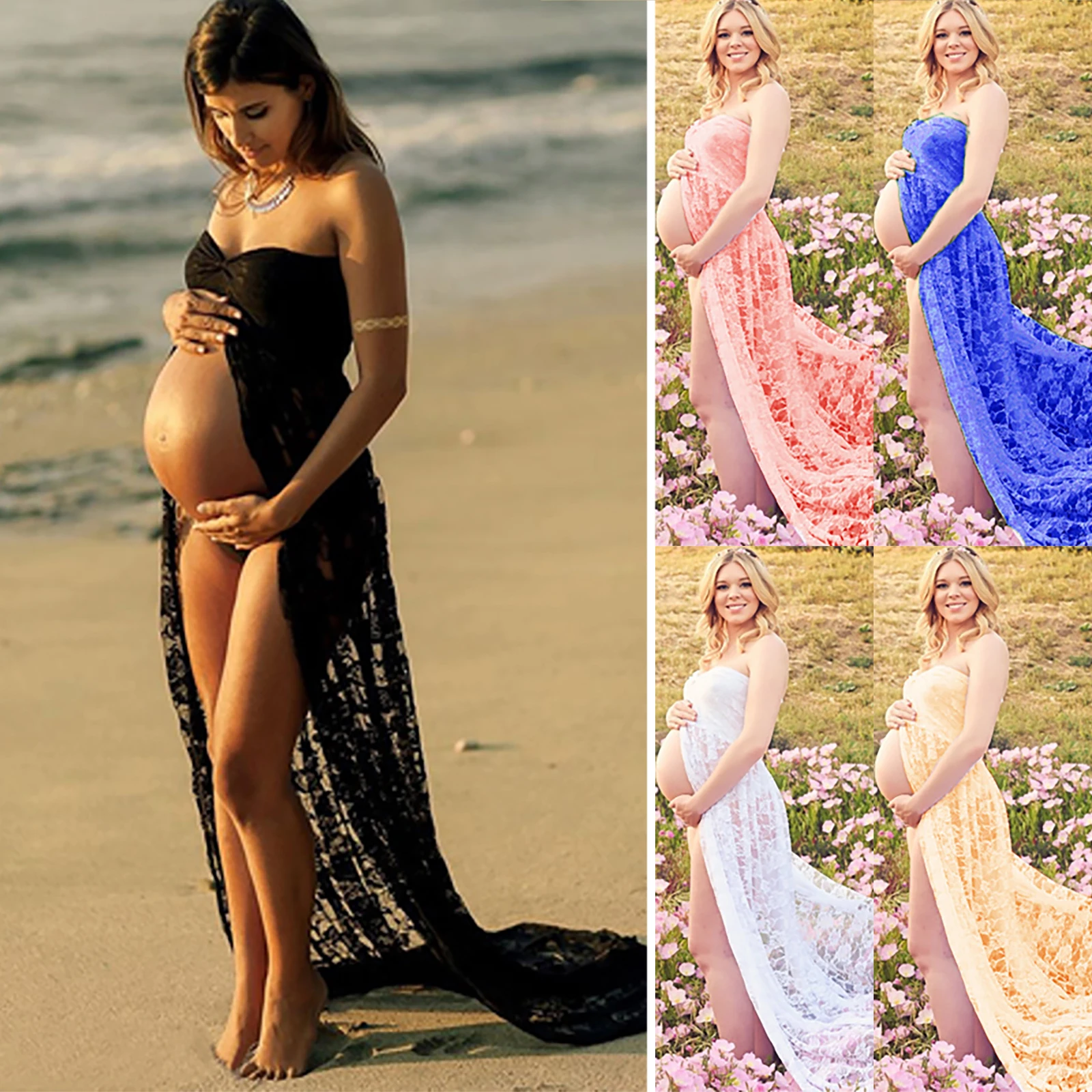 Latest Pregnant Clothing Floor Length Off Shoulder Lace Cut Front Designs Photoshoot Maternity