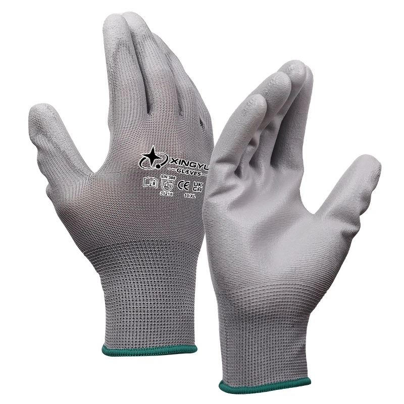 XINGYU EN388 Safety Nylon Work Gloves Logo PU Top Fit Glove PU Coated Black DMF Free Grey PU Coated Polyurethane Work Gloves