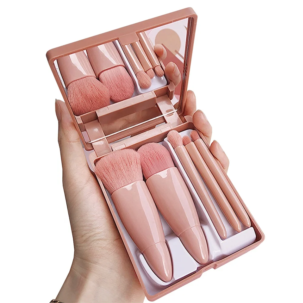 Wholesale Private Label Mirror Face Plastic Cheap Logo Portable 5pcs Small Synthetic Green Vegan Pink Travel Makeup Brush Set