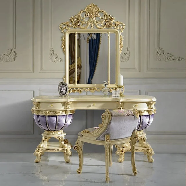 Rococo Carved Wood Dressing Table, French Style Louis XV Wooden and Velvet Dresser with Mirror and Stool for Bedroom