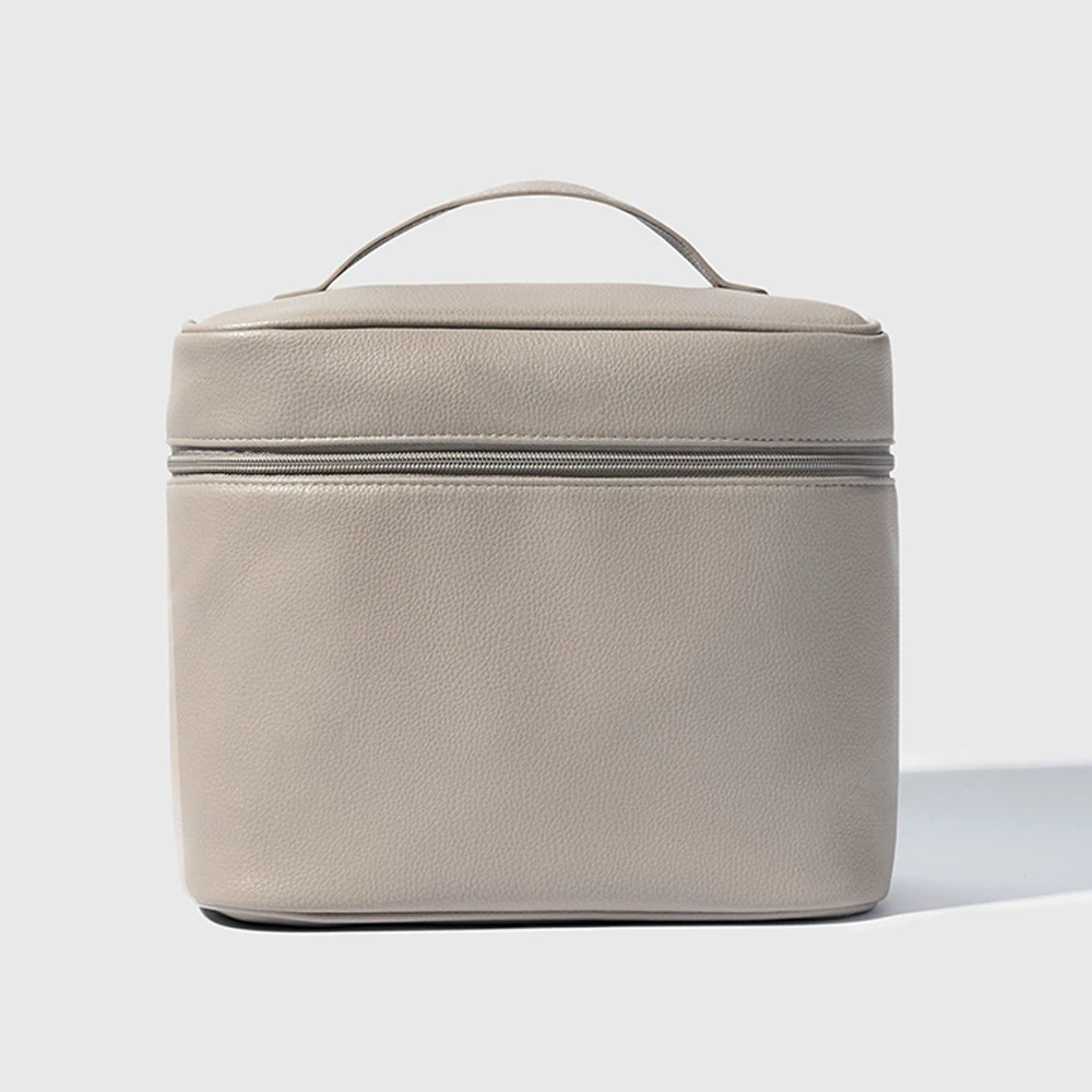 Hot Sell Beige Vegan Leather Portable Makeup Brush Organizer Round Cosmetic Bag Large Capacity Makeup Case with Handle