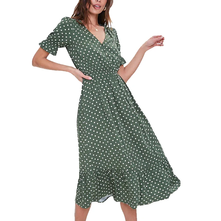 
OEM customer design 2020 Hot selling fashion women casual dress V-neck short sleeve dot dress for lady summer 
